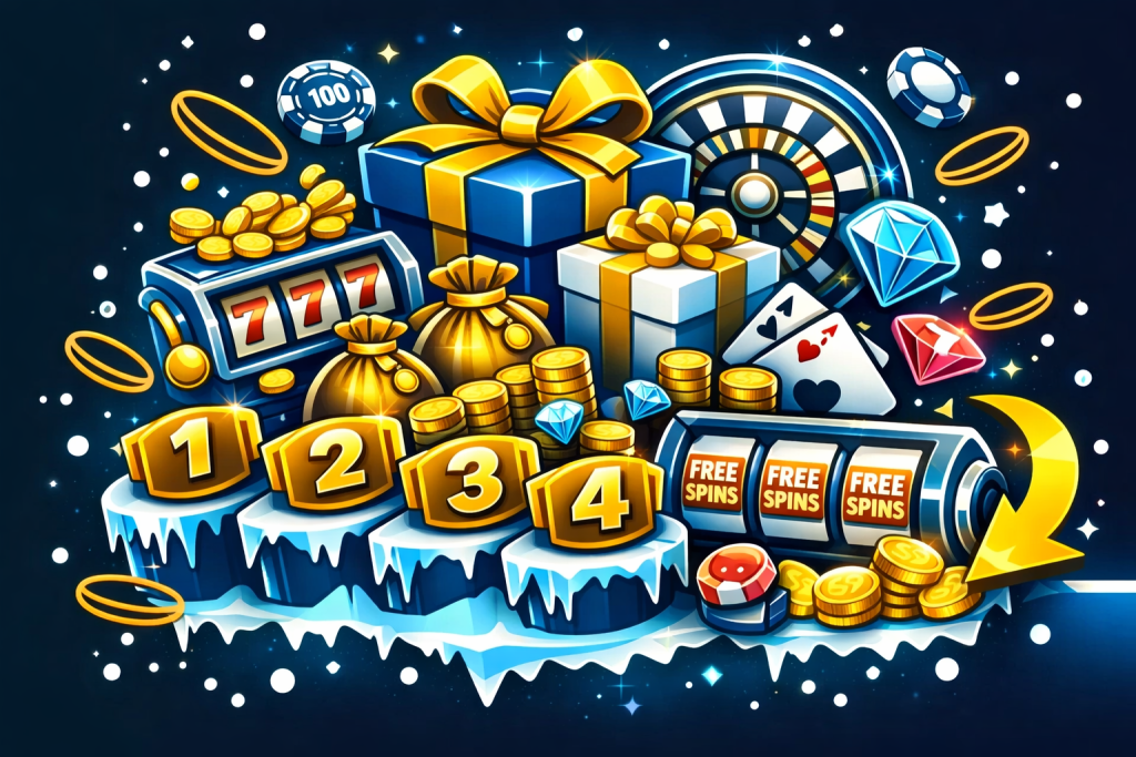 Bónus de boas-vindas casino online, promoções e ofertas, pacote de bónus por depósitos, moedas e fichas, roleta e slot com free spins, benefícios para novos jogadores.
