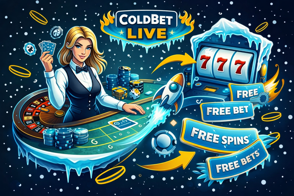 Imagem ilustrada de casino ao vivo em estilo cartoon/sticker, com mesa de roleta, fichas, cartas, dados e máquina de slots, usando a paleta azul-escuro, ciano, branco e dourado, com elementos visuais dinâmicos associados a bónus e promoções de live casino.