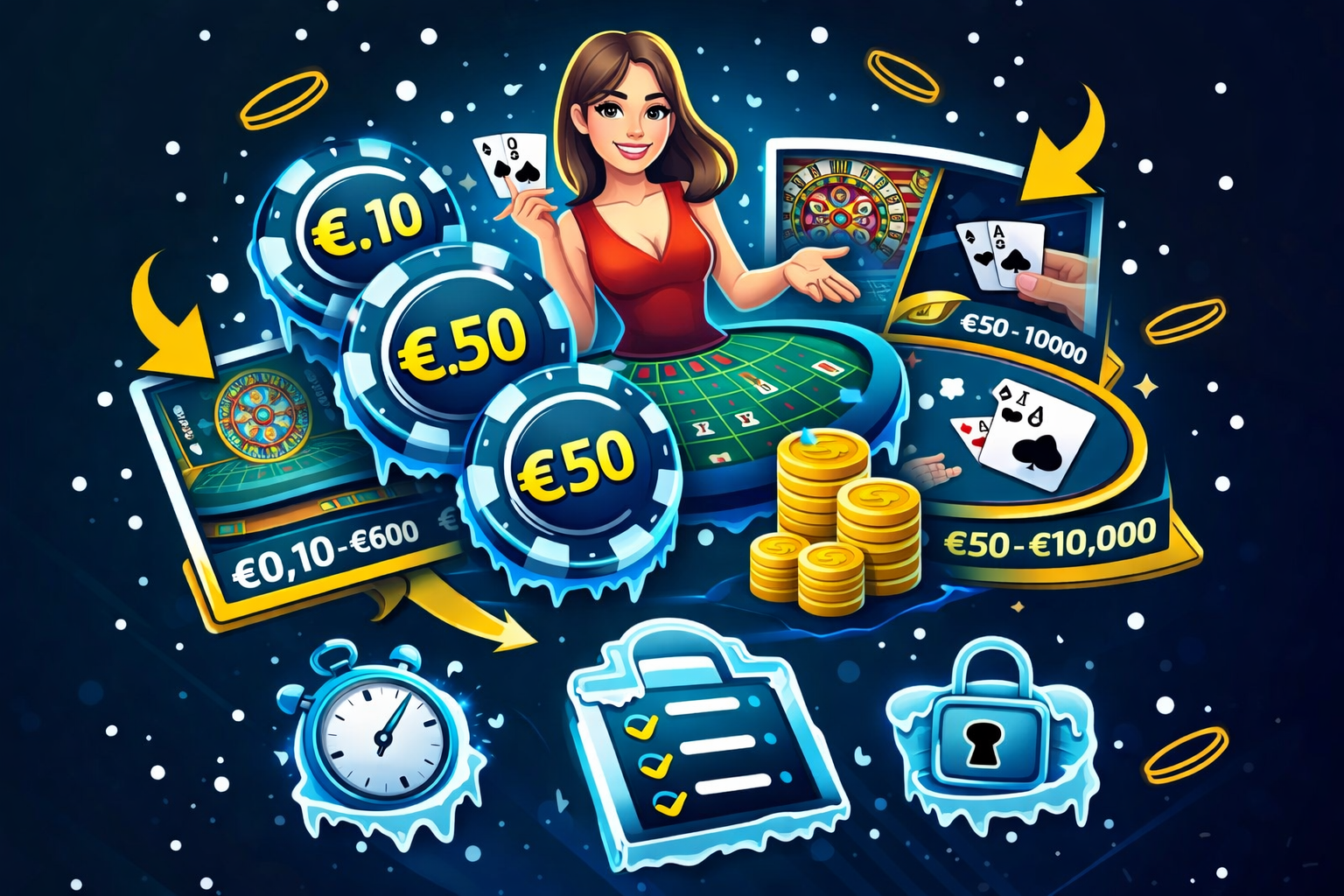Casino ao vivo com dealer, fichas e roleta, ilustrando limites de aposta e gestão de banca em sessão live.