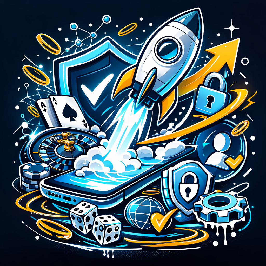 Ilustração estilo sticker Coldbet em tons azul-marinho, ciano, branco e dourado, com smartphone e foguete a descolar, símbolos de segurança (cadeados e escudos), ícones de verificação KYC/AML, encriptação SSL, apostas desportivas ao vivo, casino online, roleta, cartas, fichas e dados, representando plataforma rápida, performance, confiança, jogo responsável, odds em tempo real e navegação mobile.