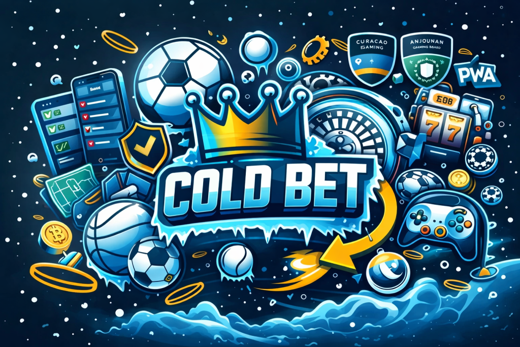 Coldbet sportsbook e casino online em estilo sticker azul e dourado, com ícones de apostas desportivas, apostas ao vivo, casino ao vivo, eSports, jogos de casino, slots, roleta, dados, bola de futebol e basquete, escudo de segurança, app mobile Android iOS PWA, levantamentos rápidos 24/7 e plataforma de apostas rápida e segura.