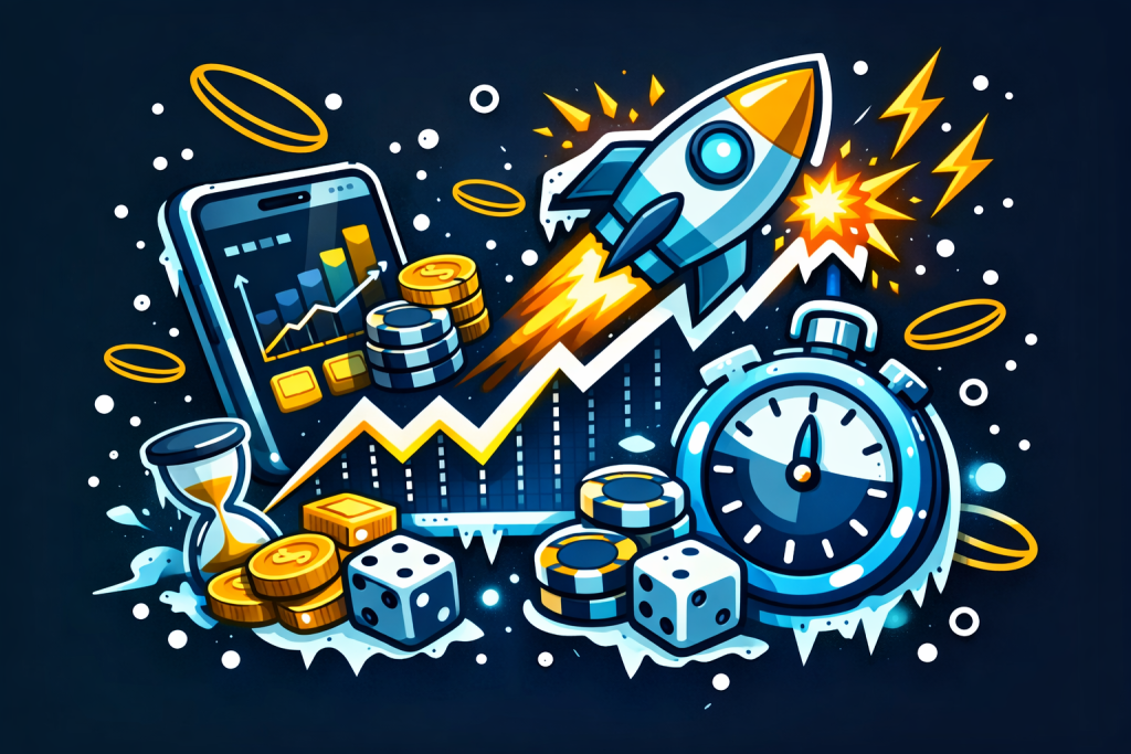 Crash e jogos rápidos no mobile com foguete a subir no gráfico crash, cronómetro de 15 minutos, fichas e dados — jogos crash rápidos, sessão curta, decisões rápidas, stake limitado, formato instantâneo, jogar em séries curtas.