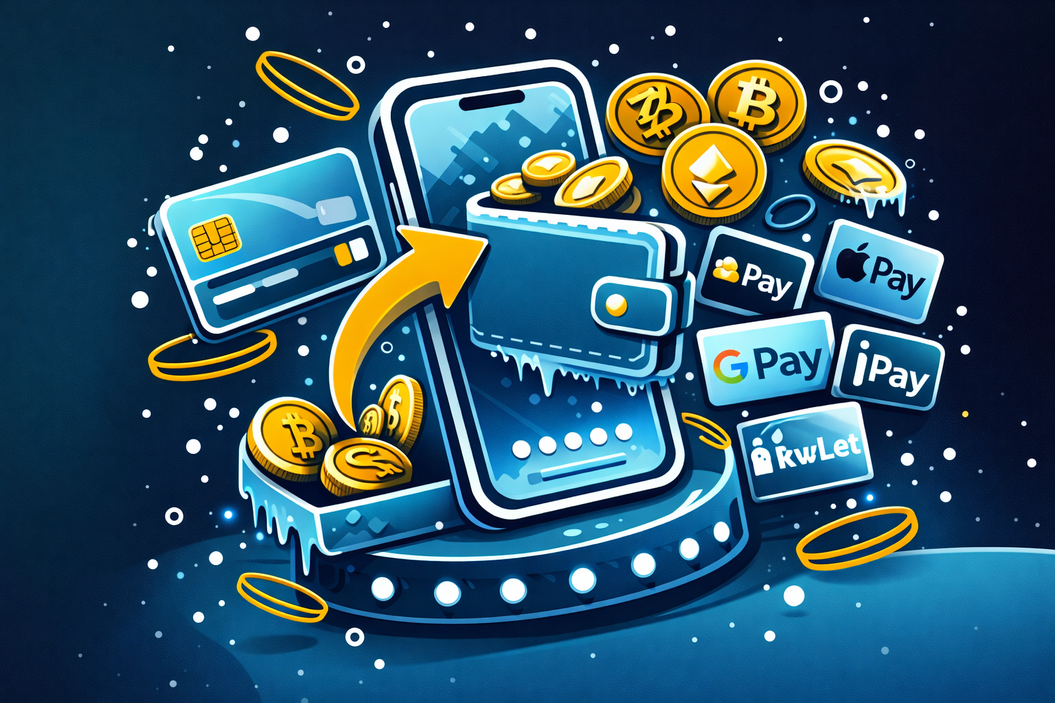 Pagamentos e depósitos na Coldbet: ilustração em estilo sticker com telemóvel e ecrã de pagamentos, cartões e wallet digitais, ícone de MB Way, Apple Pay e Google Pay representados por formas genéricas, moedas e setas de confirmação, sugerindo depósito instantâneo, saldo pronto para sportsbook e casino, processo de depósito rápido em 5 passos, métodos de depósito seguros, pagamento online, depósitos em euro e cripto, carteira digital e confirmação de transação, fluxo simples para depositar na conta Coldbet e começar a apostar.