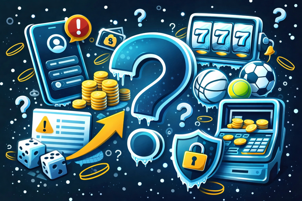 Perguntas Frequentes Coldbet: ilustração estilo sticker em azul e amarelo com grande ponto de interrogação, telemóvel, moedas, máquina slot 777, bolas desportivas, dados, terminal de pagamento e escudo de segurança — FAQ Cold Bet login, conta bloqueada, bónus Coldbet, promoções, free bets, free spins, app Coldbet, Coldbet APK, depósitos, levantamentos, KYC/AML, casino e apostas desportivas.