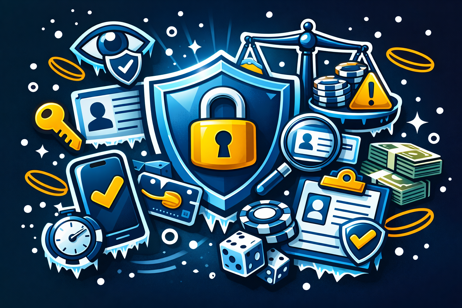 Segurança Cold Bet e jogo responsável: ilustração em estilo sticker com escudo de segurança, cadeado, smartphone com sessão ativa, ícone de verificação, cartão de identificação e gráfico de limites, simbolizando proteção da conta, gestão de sessões, conformidade, verificação de identidade KYC, anti-lavagem de dinheiro AML, prevenção de fraude, confidencialidade de credenciais, limites de aposta, pausa temporária e autoexclusão.