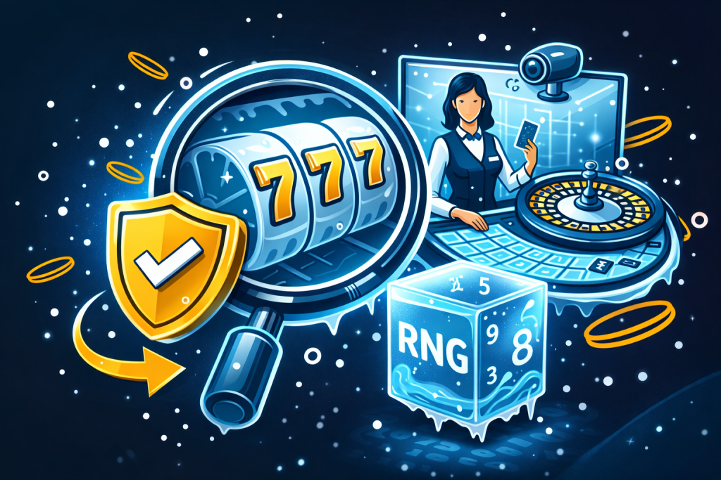 Transparência no casino online e integridade do jogo: ilustração em estilo sticker com lupa sobre slot, cubo RNG, escudo de segurança e mesa de roleta ao vivo, em tons azul/ciano e detalhes dourados.