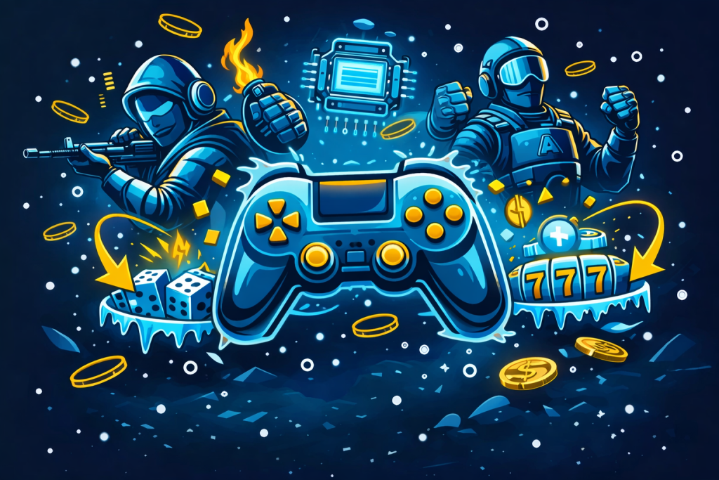 ilustração estilo sticker em azul e dourado com comando gaming, jogadores eSports, moedas, dados e ícones de casino/apostas; referência a Coldbet bonus, Coldbet promoções, Coldbet bónus de boas-vindas, free bets, free spins, bónus sem depósito, código promocional Coldbet, Coldbet promo code, Coldbet bonus code, apostas eSports, margem de apostas, bankroll management.